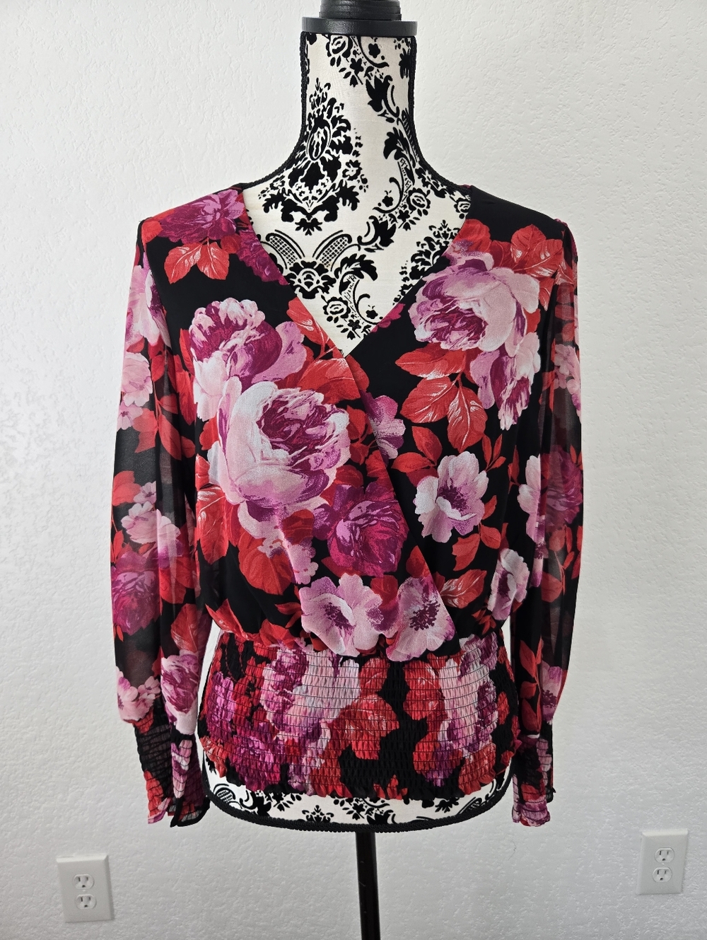 meraki Black Floral V-Neck Blouse with Pink and Coral Blooms